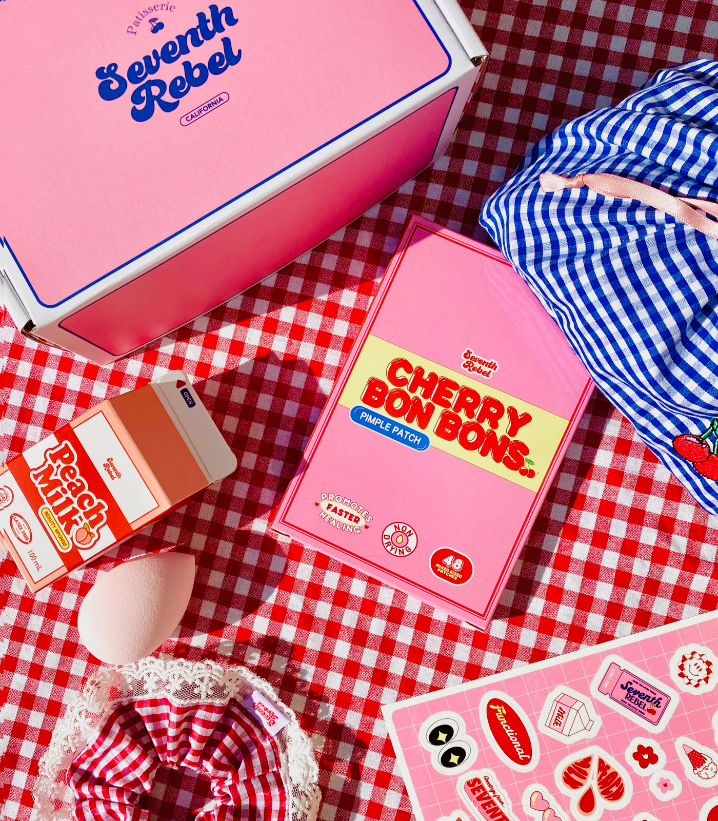 SEVENTH REBEL Picnic Set - Cherry Bon Bons Original Pimple Patch - Invisible Hydrocolloid Acne Patches for Spot Treatment, Covering Blemishes and Zits - For Face and All Skin Types, Non Drying, Fast Healing, Not Tested on Animals, Vegan friendly and Non toxic with 3 Sizes (48 count) Peach Milk Beauty Sponge Blender, Professional & Multi-functional Makeup Tool, Flawless for Natural Foundation Blending 
